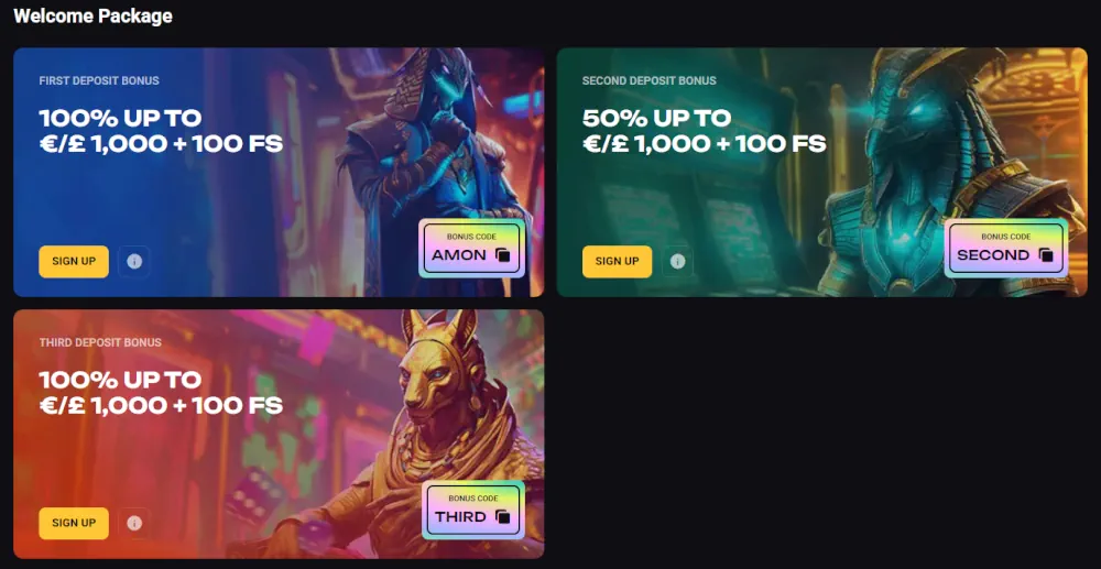 Pack de bienvenue multi-niveaux AmonBet pour les nouveaux joueurs de casino.